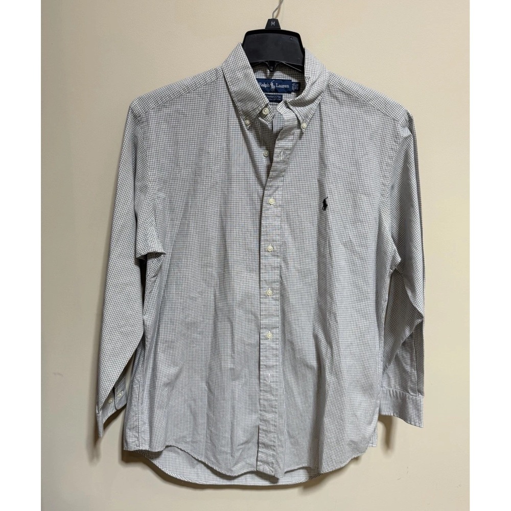 Men's Ralph Lauren Polo  Button Up Long Sleeve Preppy White Black Checked 15 1/2